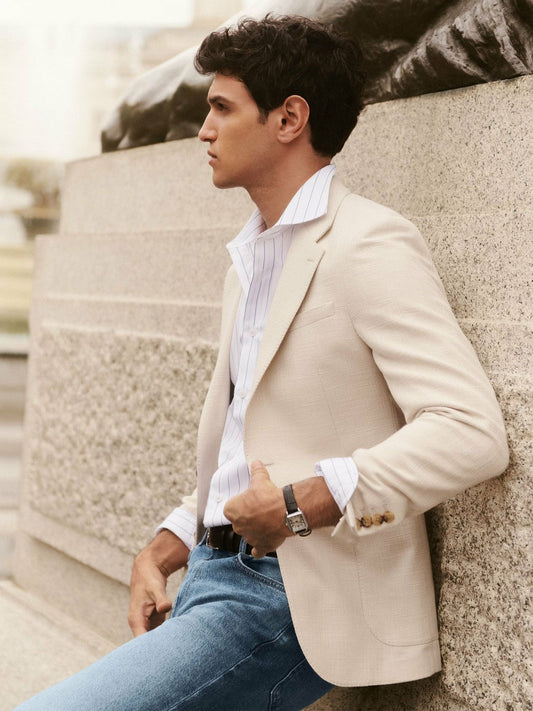 Slim Fit Single Breasted Textured Blazer with Cotton Stone | Mens