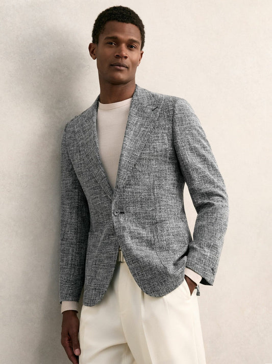 Single-Breasted Textured Mélange Blazer Slim-Fit Navy Melange | Mens