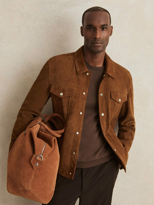 Suede Press Stud Trucker Jacket Tobacco Brown | Mens