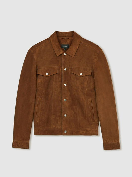 Suede Press Stud Trucker Jacket Tobacco Brown | Mens