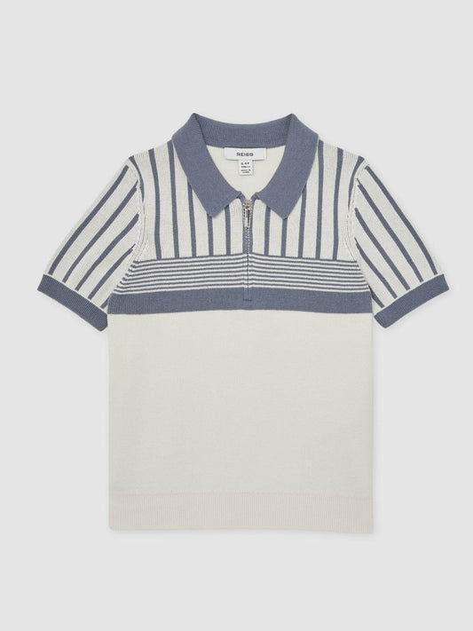 13-14 yrs Cotton Stripe Knit Half-Zip Polo Shirt Off White/ Airforce Blue | Children