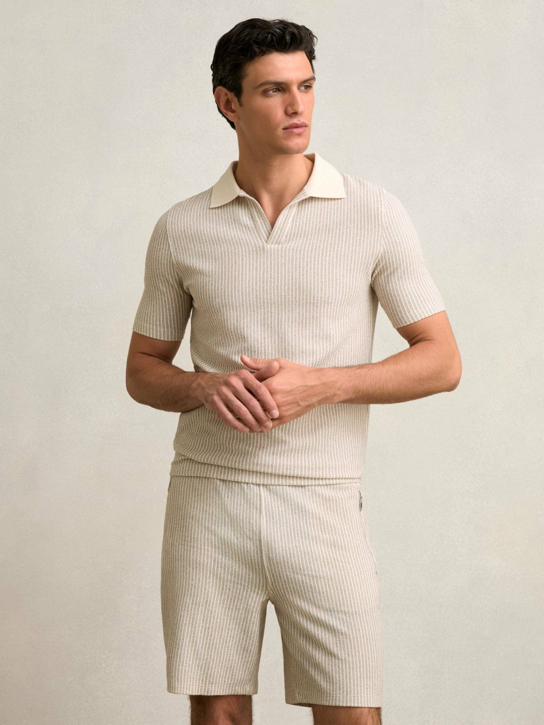Cotton-Blend Stripe Drawstring Shorts Ecru/Taupe Brown | Mens