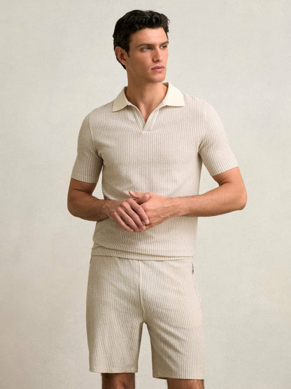 Cotton-Blend Stripe Drawstring Shorts Ecru/Taupe Brown | Mens