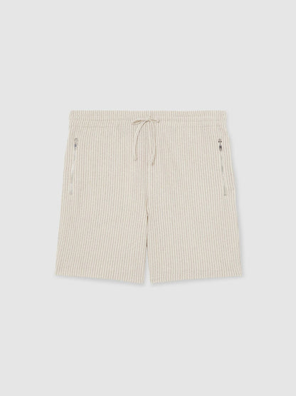 Cotton-Blend Stripe Drawstring Shorts Ecru/Taupe Brown | Mens