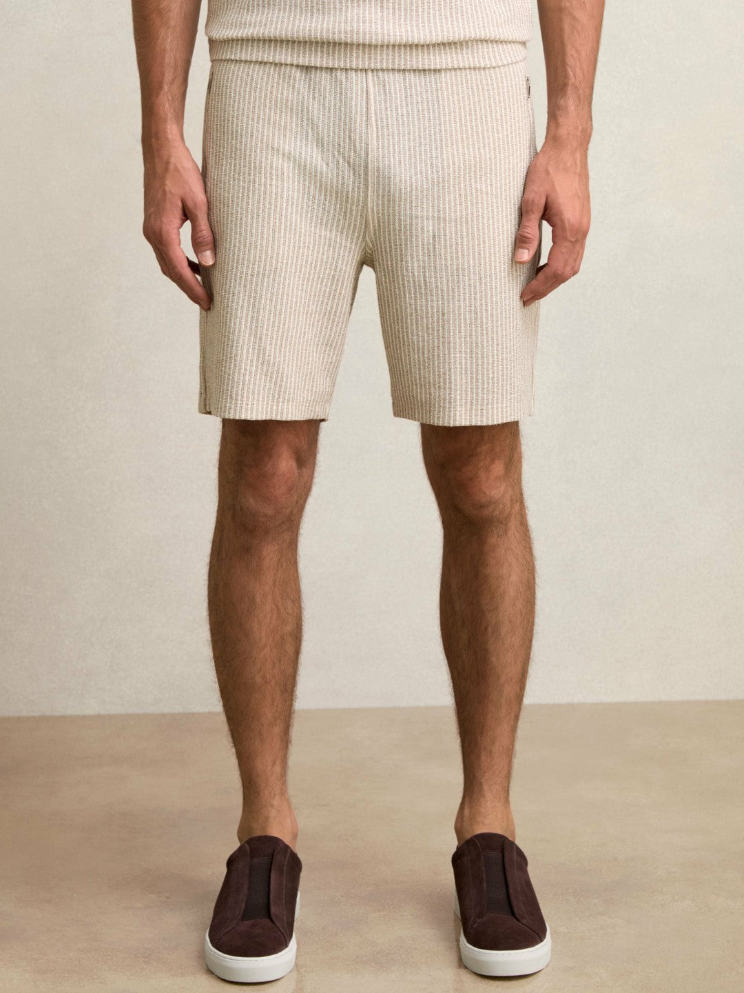 Cotton-Blend Stripe Drawstring Shorts Ecru/Taupe Brown | Mens