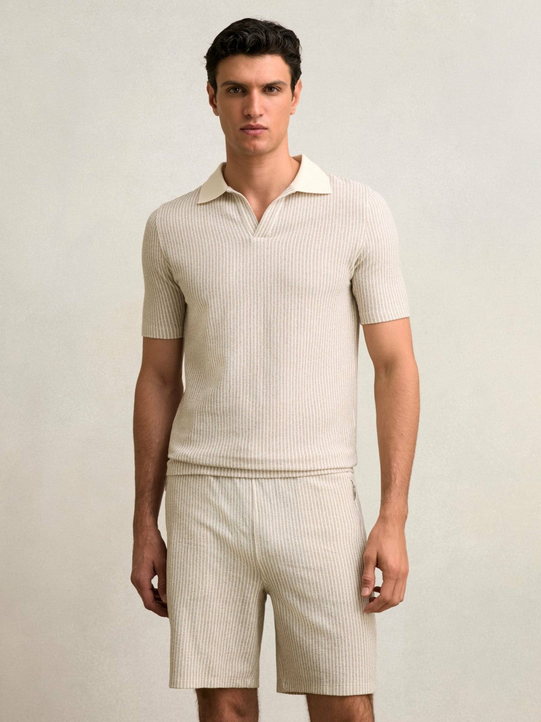 Cotton-Blend Stripe Drawstring Shorts Ecru/Taupe Brown | Mens