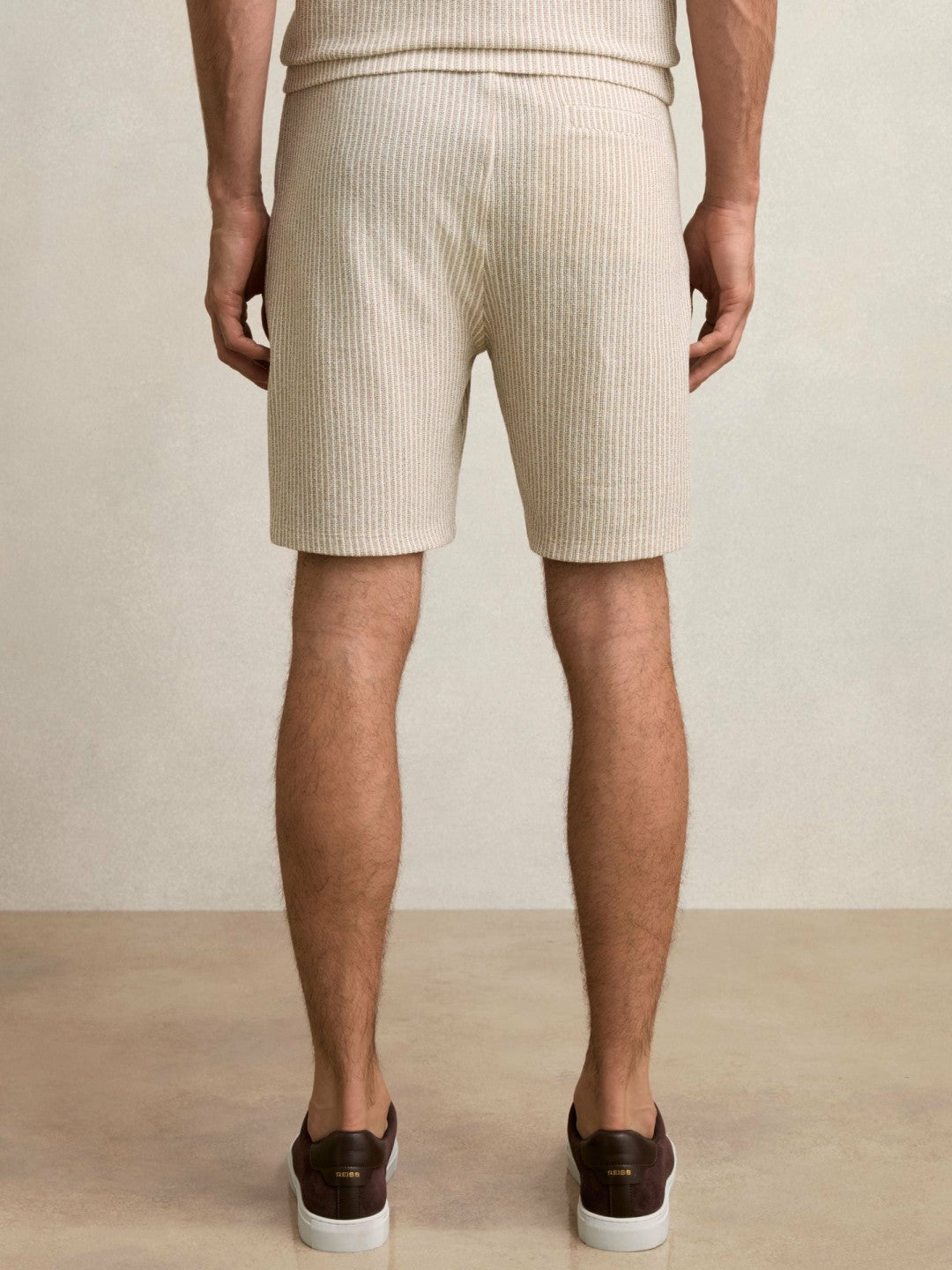 Cotton-Blend Stripe Drawstring Shorts Ecru/Taupe Brown | Mens
