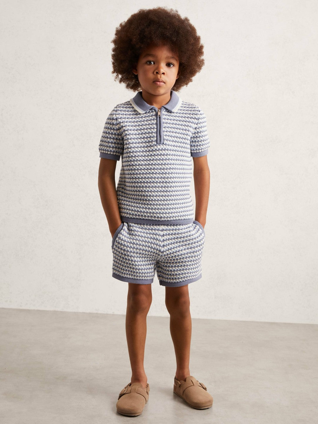 13-14 yrs Knitted Stripe Half-Zip Polo Shirt Blue/White | Children