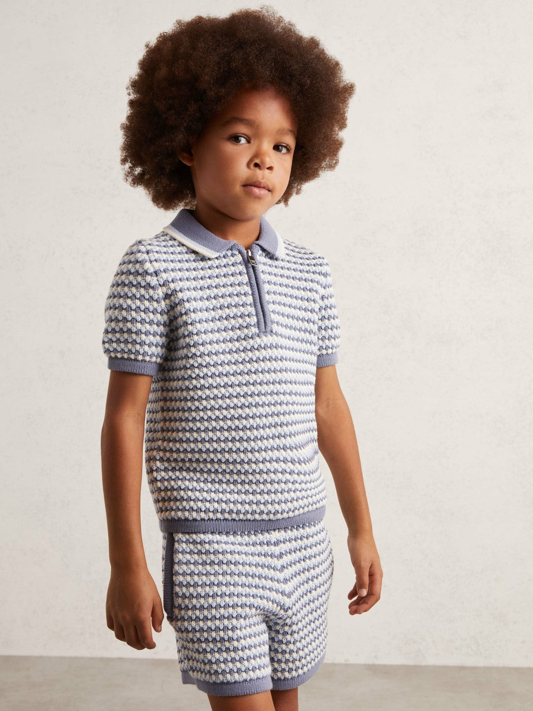 13-14 yrs Knitted Stripe Half-Zip Polo Shirt Blue/White | Children