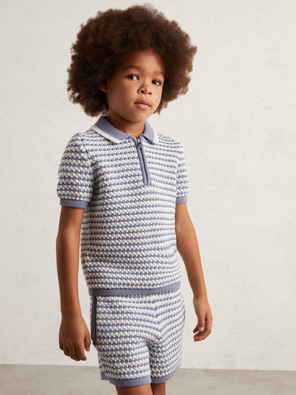 13-14 yrs Knitted Stripe Half-Zip Polo Shirt Blue/White | Children