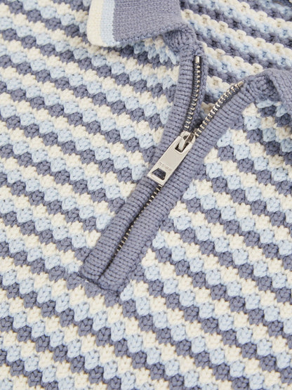 13-14 yrs Knitted Stripe Half-Zip Polo Shirt Blue/White | Children
