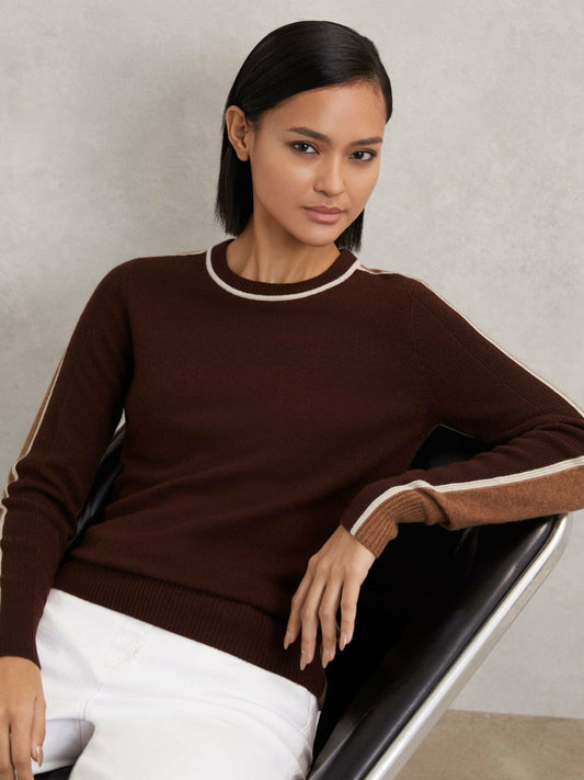 Wool-Blend Colour-Block Jumper With Cashmere Burgundy/Tan | Womens