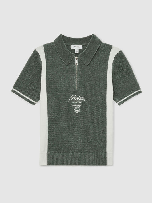 13-14 yrs Chenille Tipped Motor Cars Polo Shirt Dark Sage Green/White | Children