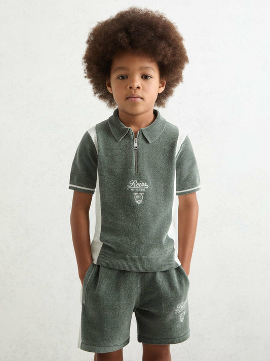13-14 yrs Chenille Tipped Motor Cars Polo Shirt Dark Sage Green/White | Children