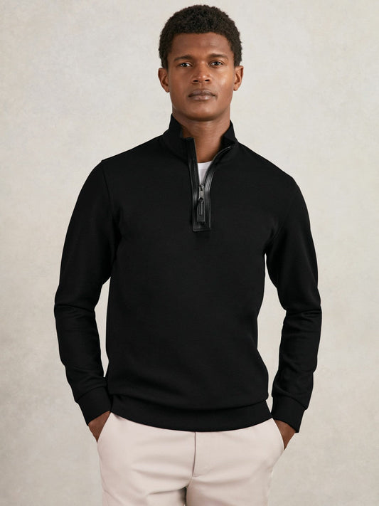 Leather-Placket Interlock Sweatshirt Black | Mens