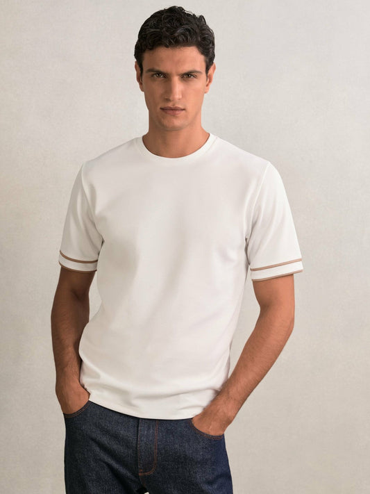 Textured Crew-Neck Tipped T-Shirt White | Mens