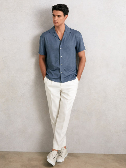 Jacquard-Stripe Cuban-Collar Shirt Airforce Blue | Mens