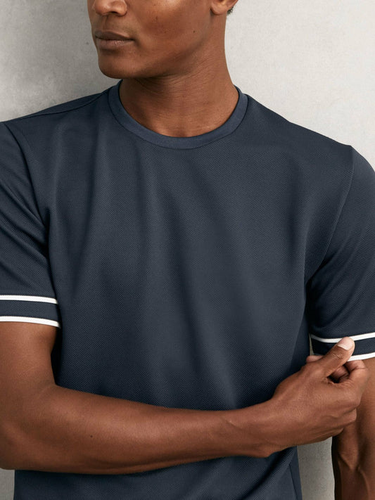 Textured Crew-Neck Tipped T-Shirt Airforce Blue | Mens
