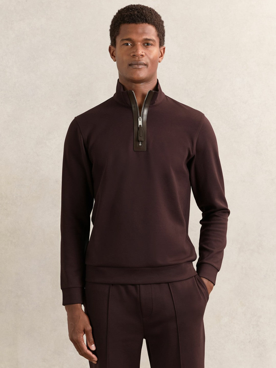 Leather-Placket Interlock Sweatshirt Cherry Red | Mens