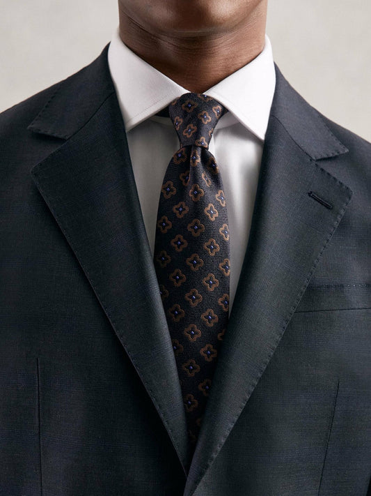 Silk-Wool Floral-Medallion Tie Navy | Mens