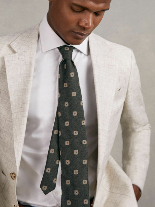 Silk-Wool Square-Medallion Tie Forest Green | Mens