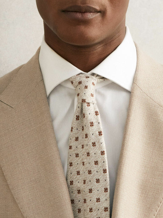 Wool-Silk Floral-Medallion Tie Oatmeal Melange | Mens