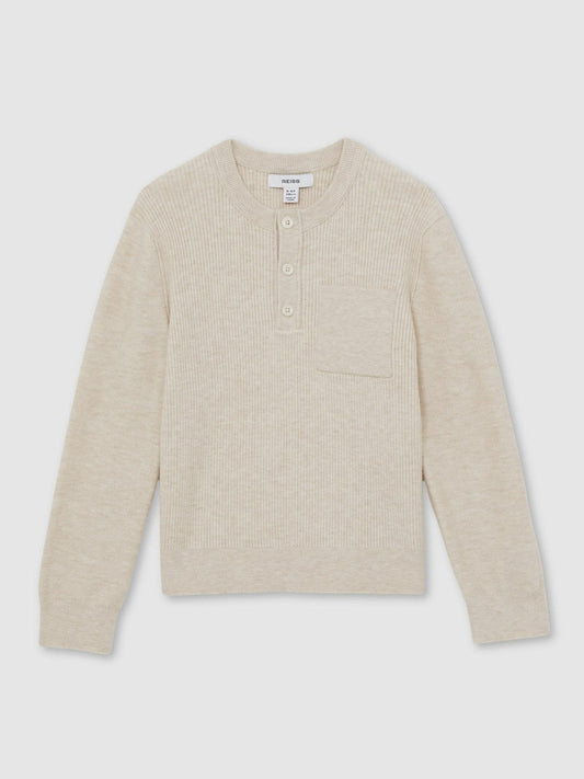 13-14 yrs Cotton-Blend Rib-Knit Henley Top Oatmeal Melange | Children