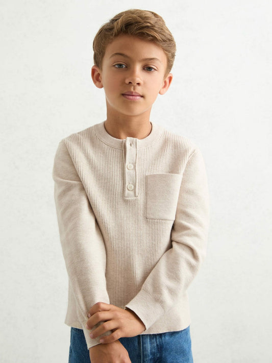 13-14 yrs Cotton-Blend Rib-Knit Henley Top Oatmeal Melange | Children