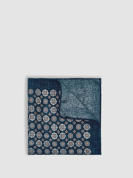 Silk Medallion Print Pocket Square Indigo Melange | Mens