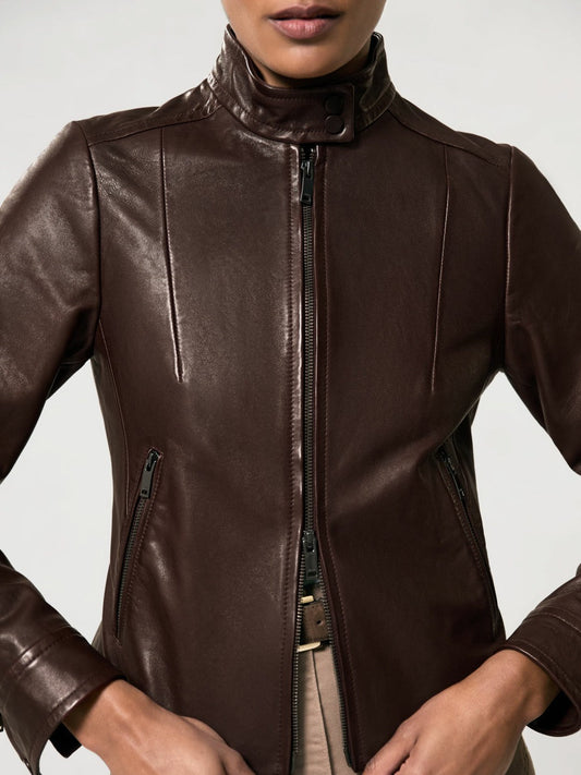 Fitted Leather Biker Jacket Burgundy | Womens