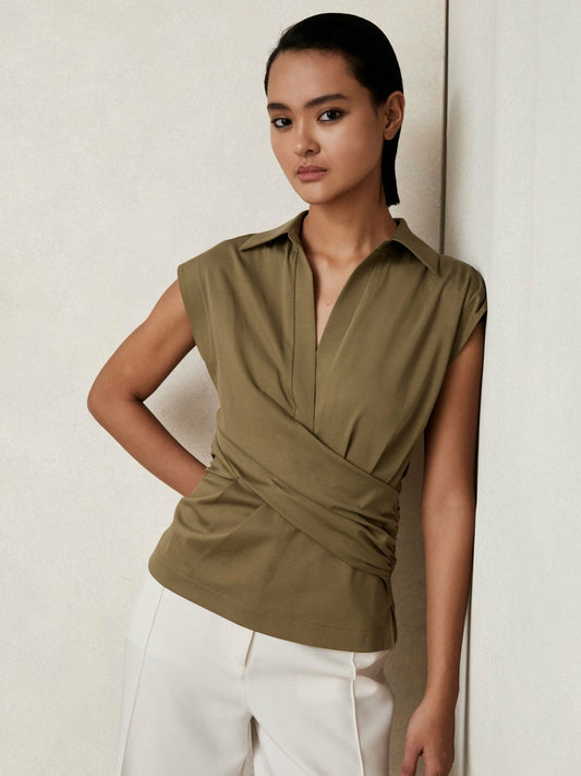 Stretch-Cotton Wrap-Front Collar Top Khaki Green | Womens