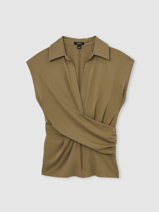Stretch-Cotton Wrap-Front Collar Top Khaki Green | Womens