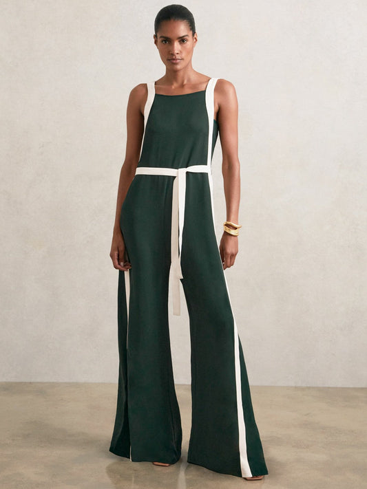 Colourblock Wide Leg Belted Jumpsuit Dark Green/Cream | Womens