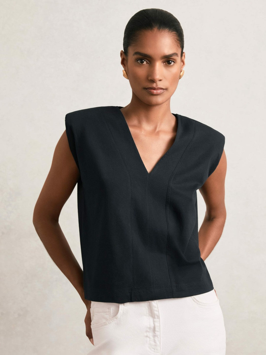 Cotton Shoulder-Pad V-Neck Top Navy | Womens