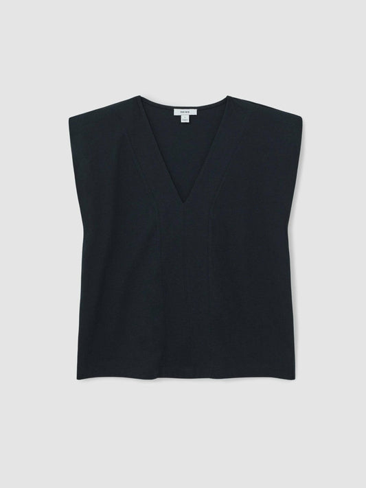 Cotton Shoulder-Pad V-Neck Top Navy | Womens