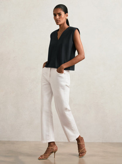 Cotton Shoulder-Pad V-Neck Top Navy | Womens