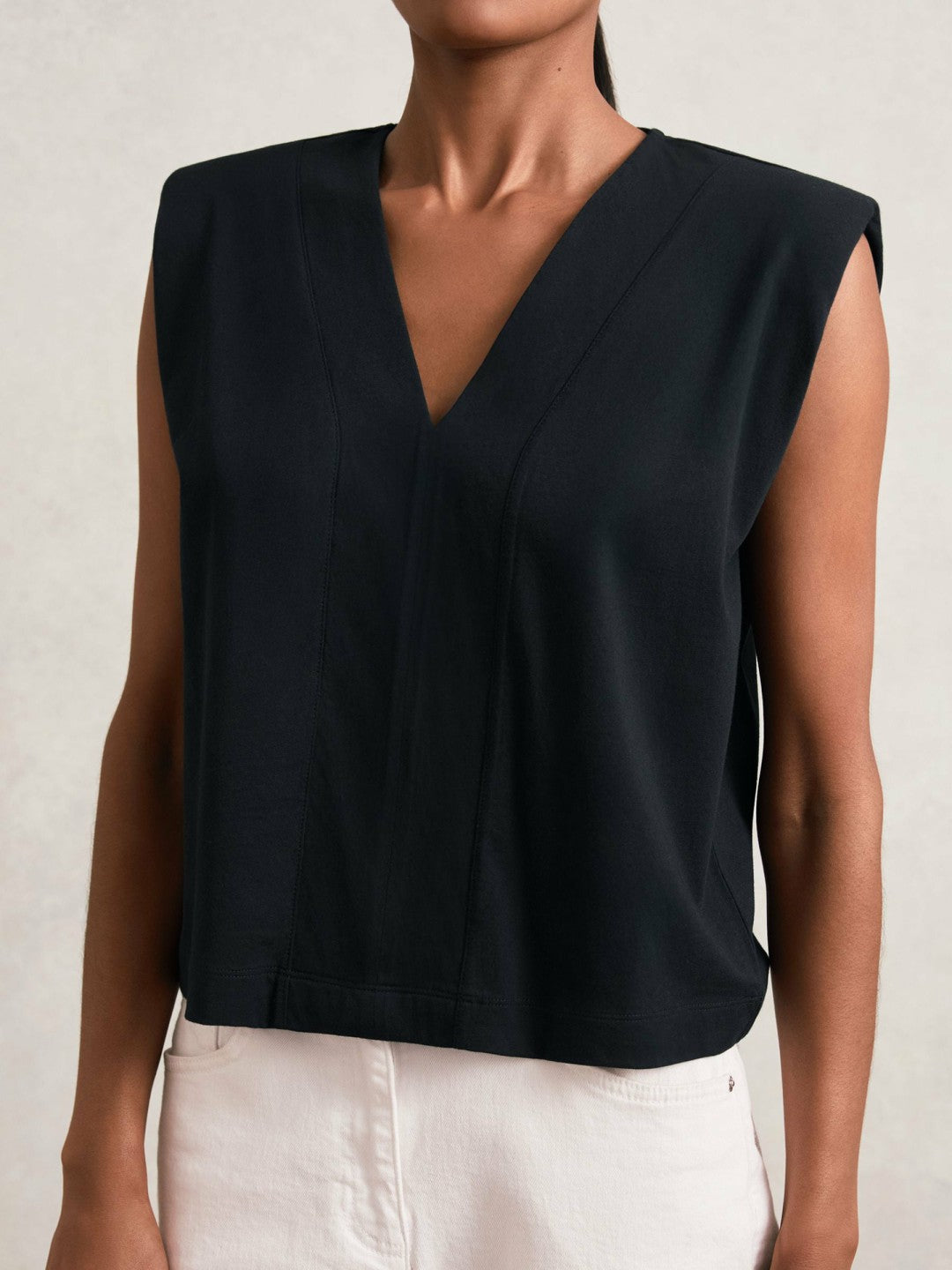 Cotton Shoulder-Pad V-Neck Top Navy | Womens