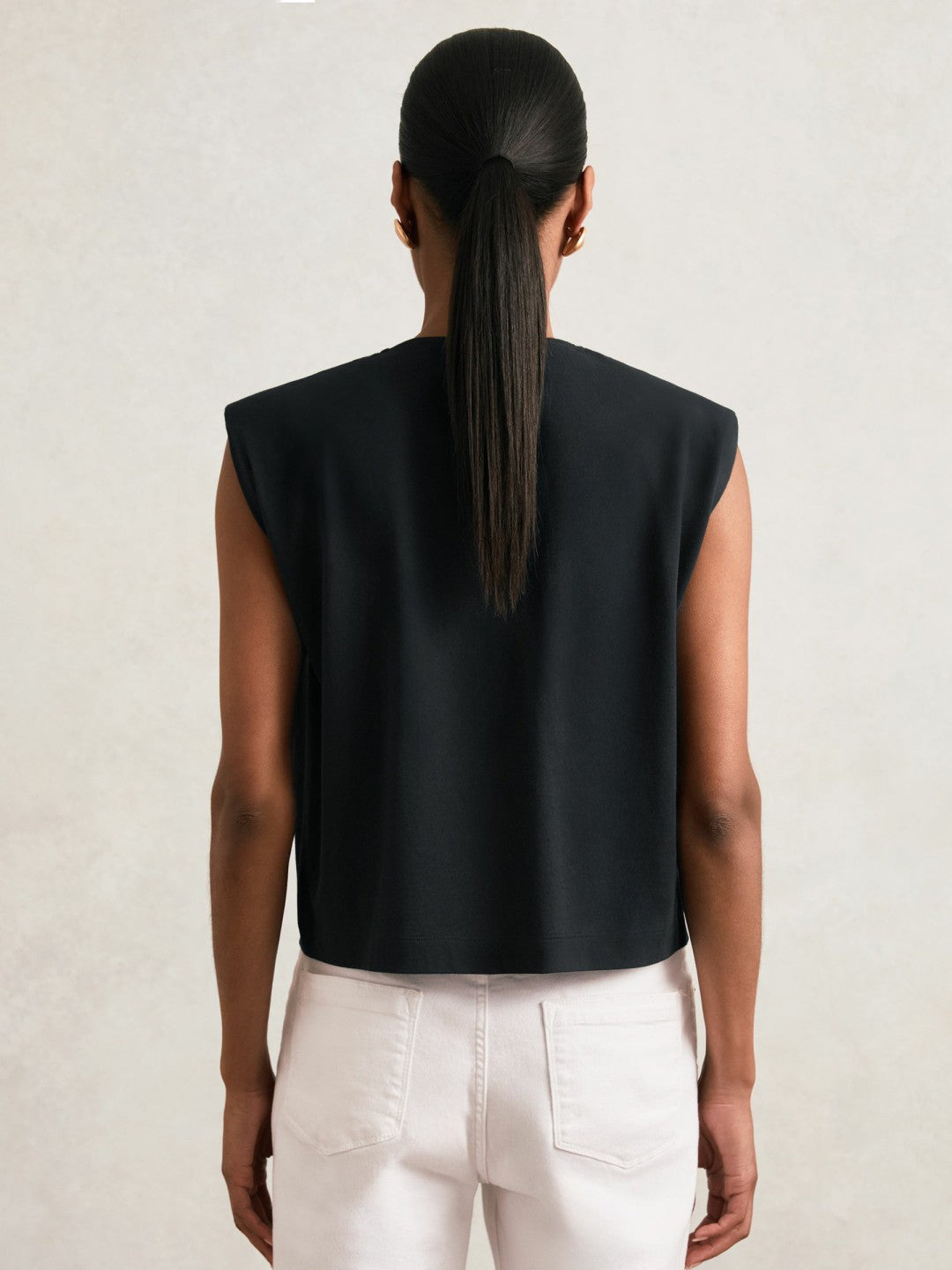 Cotton Shoulder-Pad V-Neck Top Navy | Womens