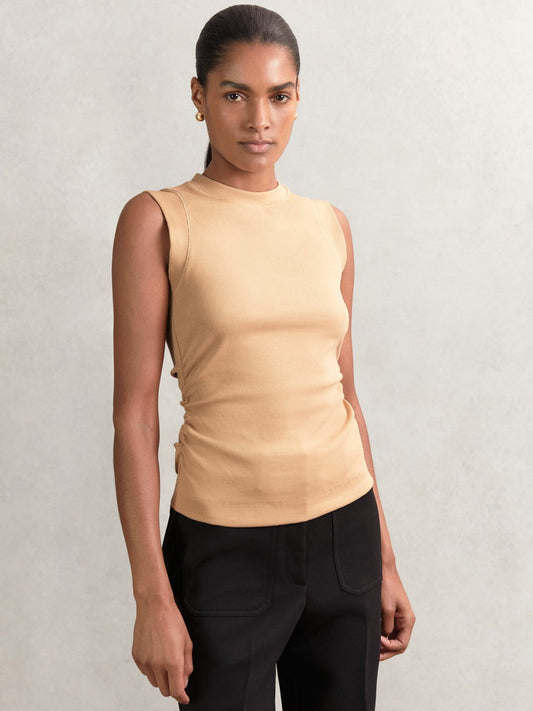 Fine-Rib Ruched Vest Top Camel | Womens