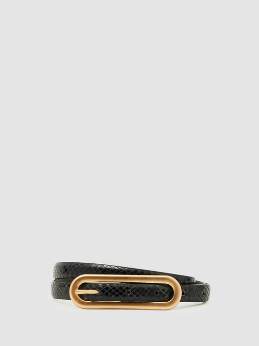 Leather Elongated-Buckle Skinny Belt Black | Womens