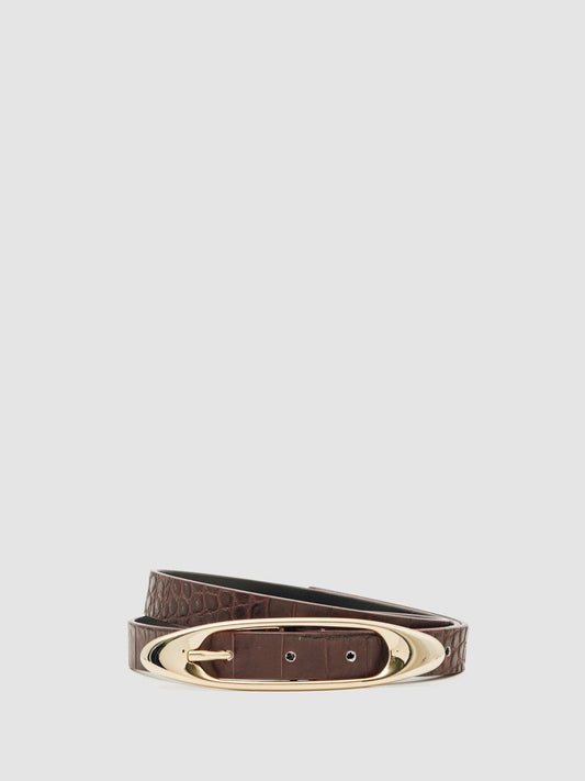 Croc-Effect Leather Oval-Buckle Belt Burgundy | Womens