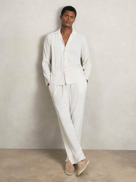 Plissé Cuban-Collar Long-Sleeve Shirt Off White | Mens
