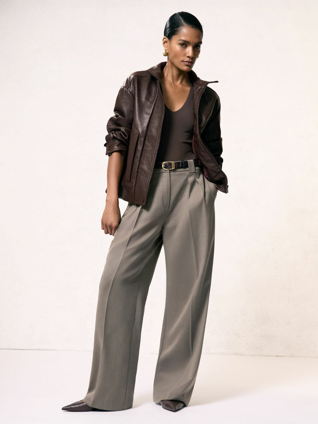 Oversize Grained-Leather Bomber Jacket Burgundy | Womens