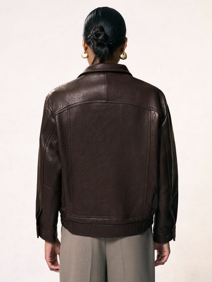 Oversize Grained-Leather Bomber Jacket Burgundy | Womens