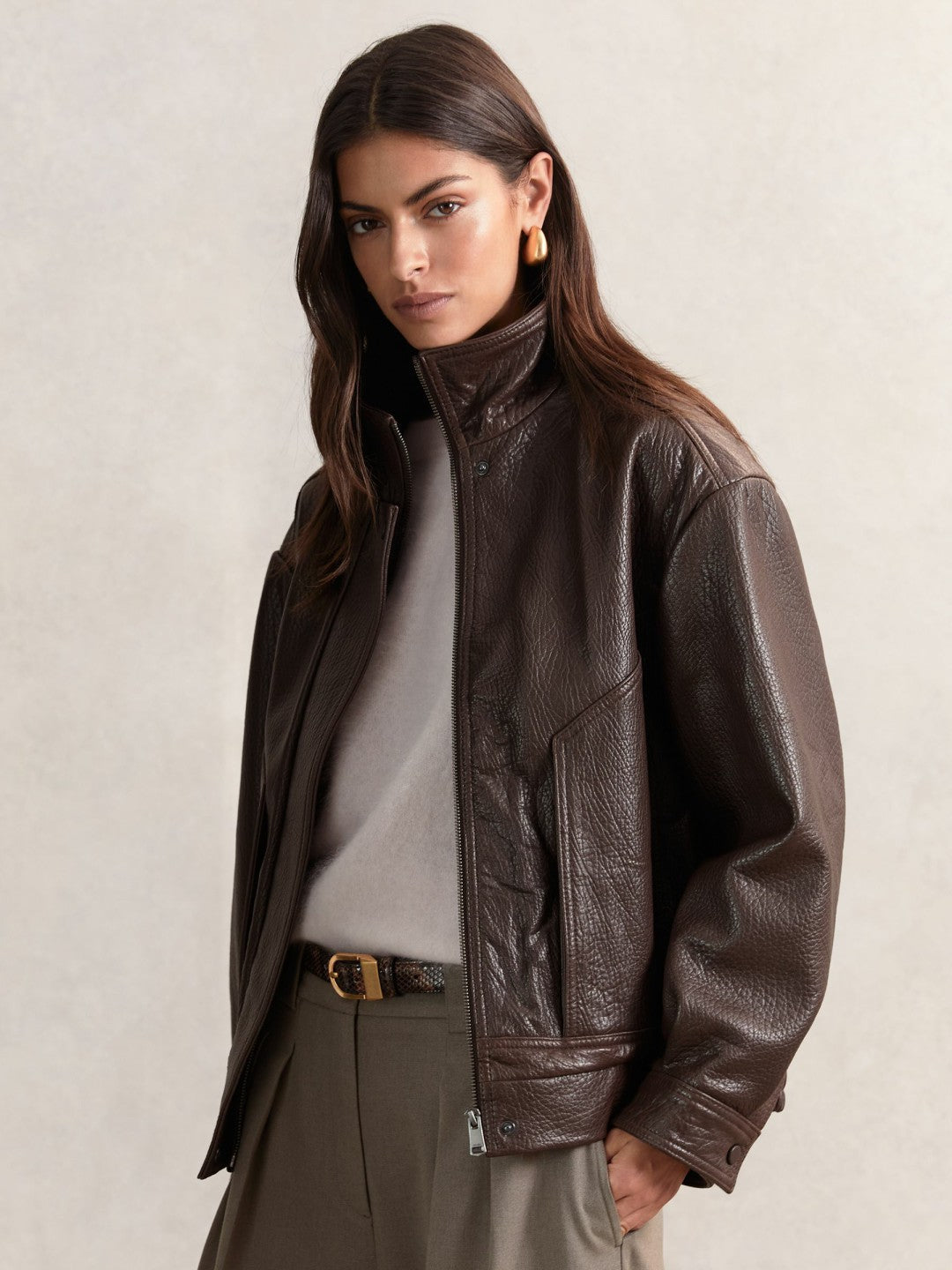 Oversize Grained-Leather Bomber Jacket Burgundy | Womens