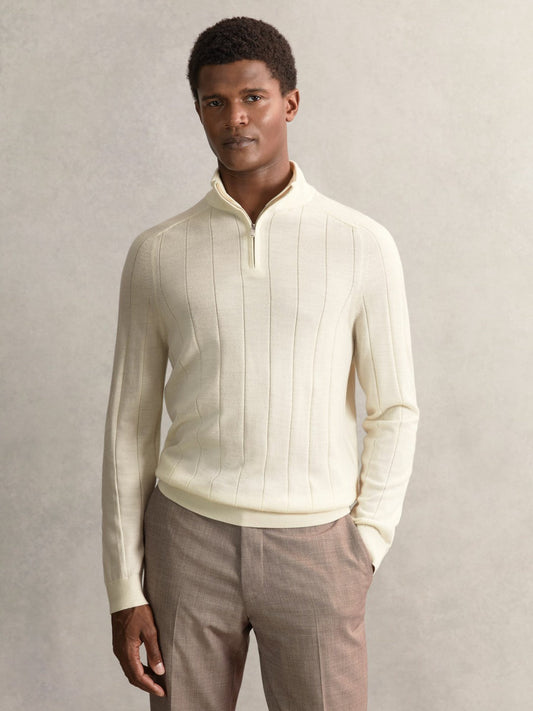 Merino Wool Wide-Rib Half-Zip Jumper Bianco | Mens