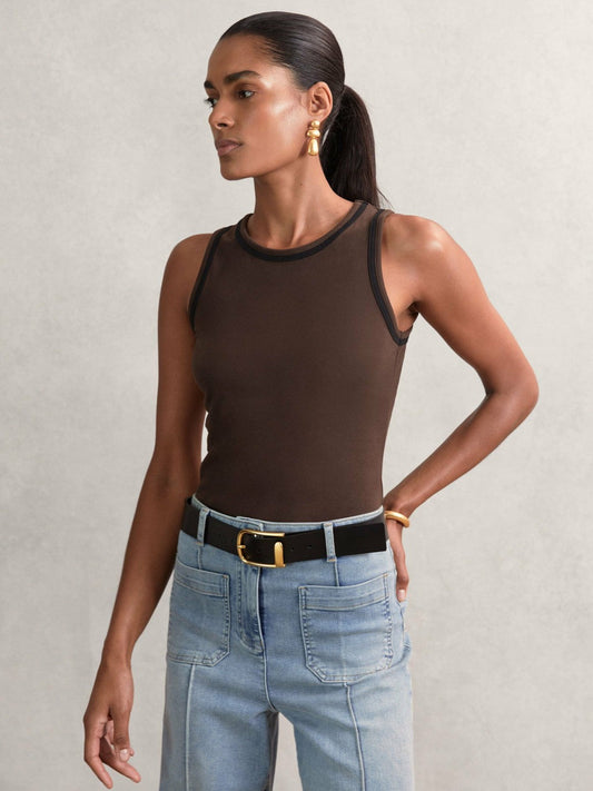 Stretch-Cotton Jersey Tipped Vest Chocolate Brown/Black | Womens