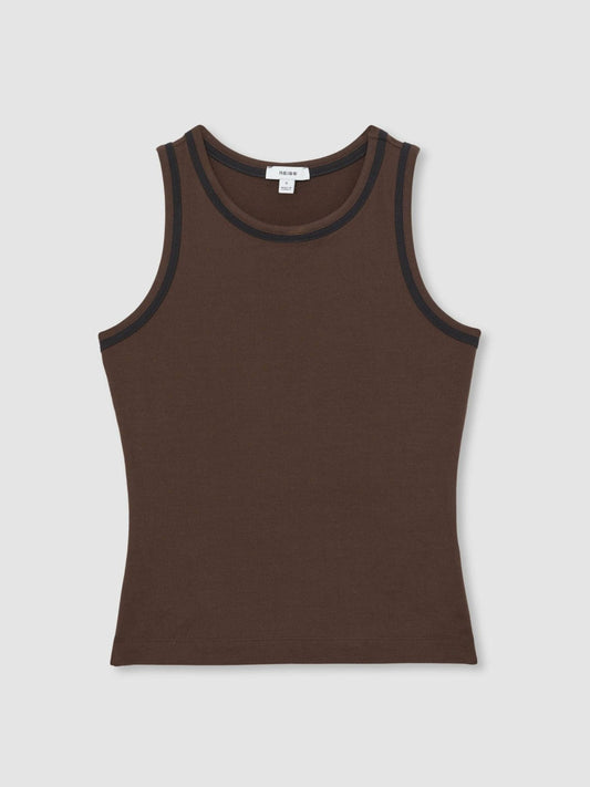 Stretch-Cotton Jersey Tipped Vest Chocolate Brown/Black | Womens