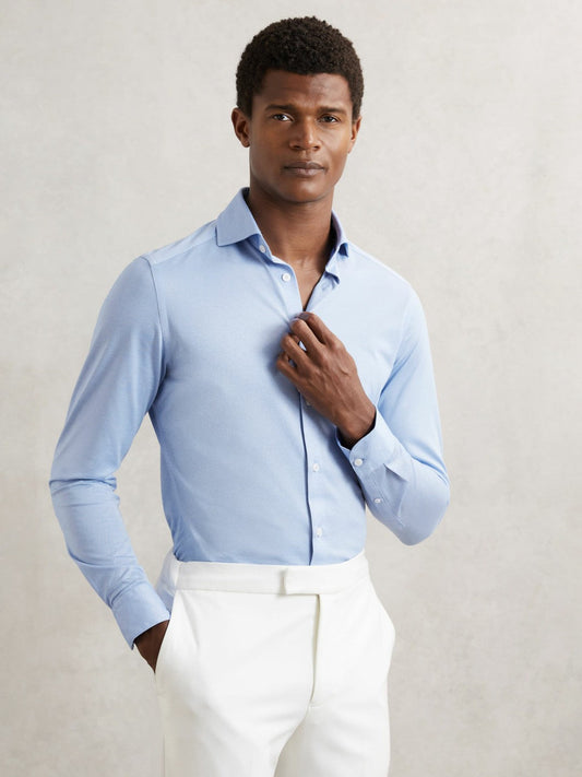 Cotton-Blend Jersey Cutaway-Collar Shirt Soft Blue | Mens