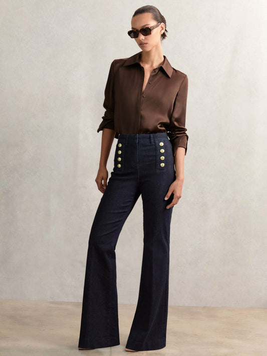 Petite Button-Detail High-Rise Flared Jeans Dark Blue | Womens